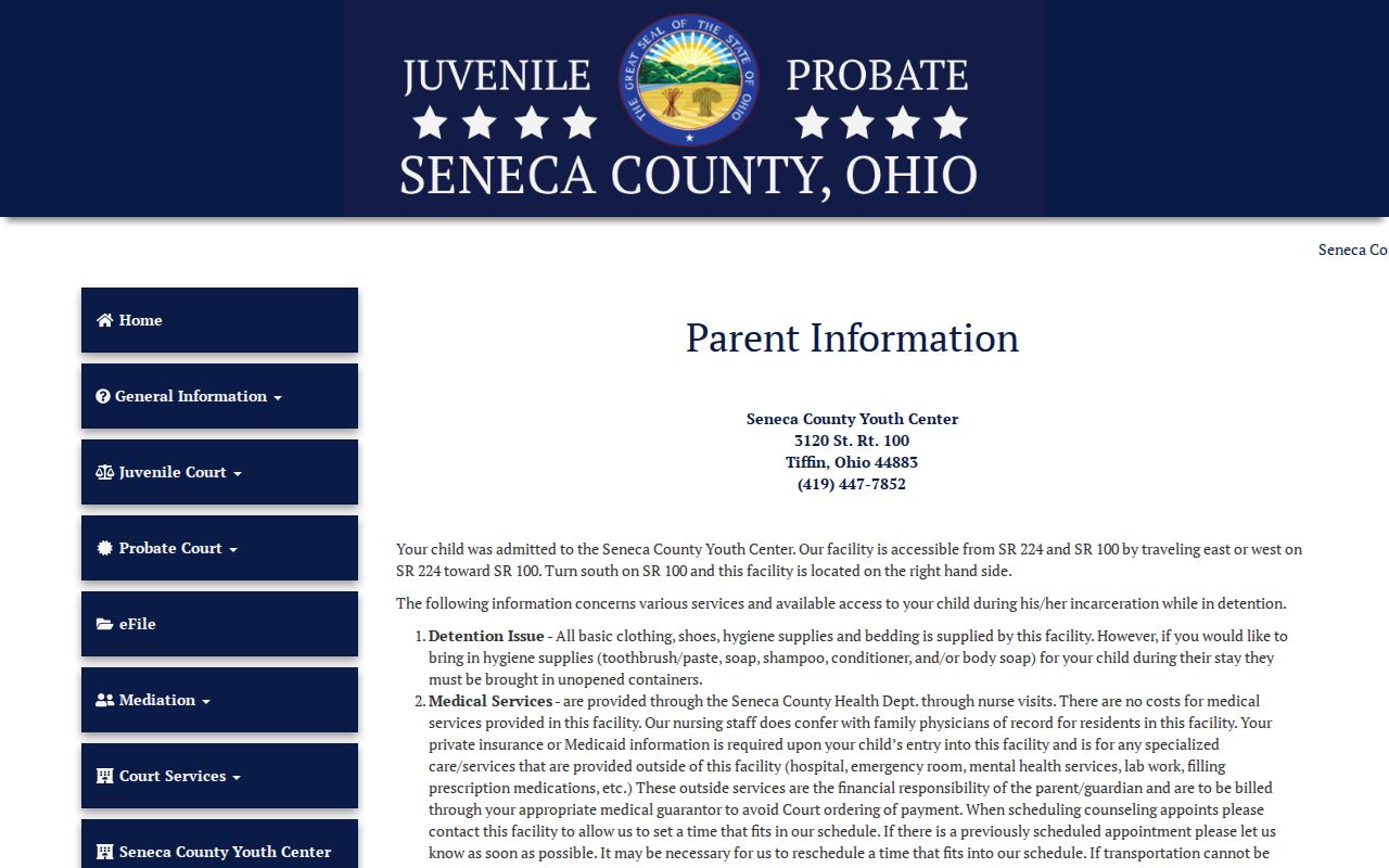 Seneca County Youth Center release contact and parent information