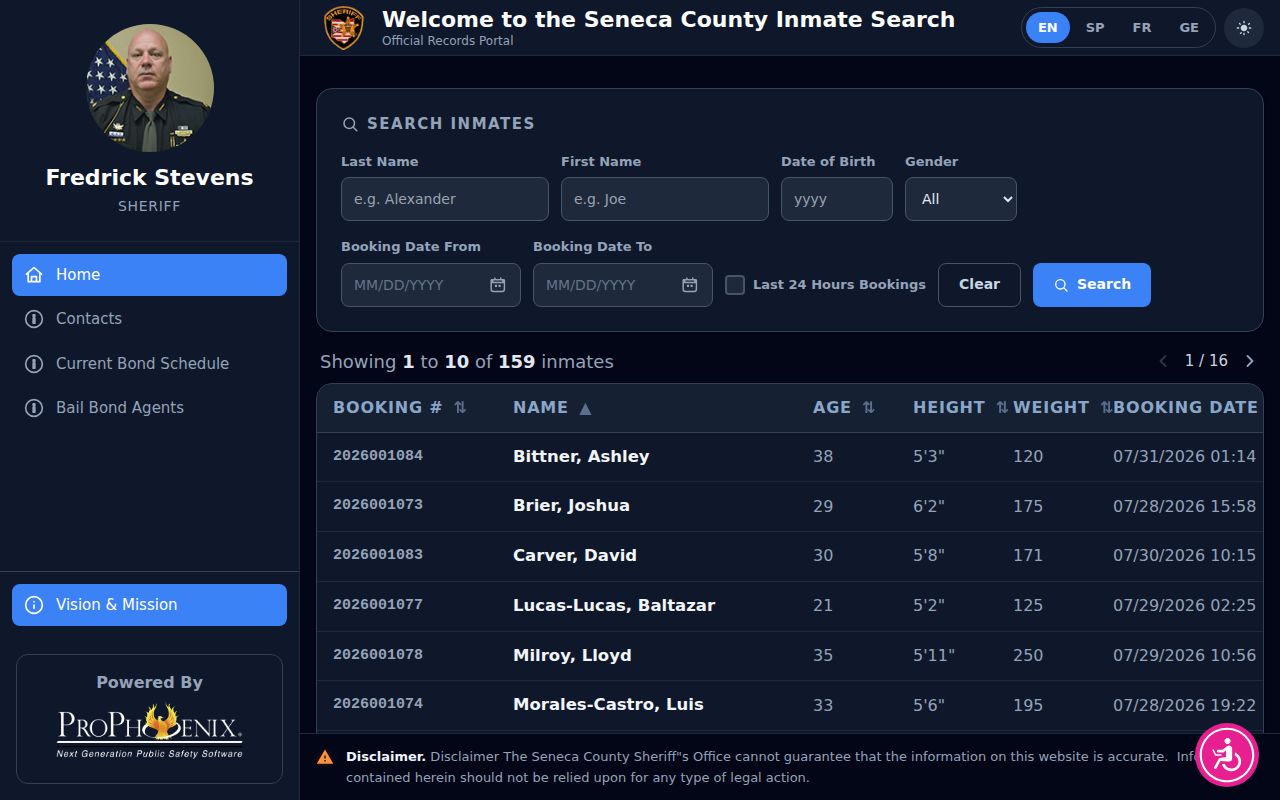 ProPhoenix portal fields for Seneca County jail release records