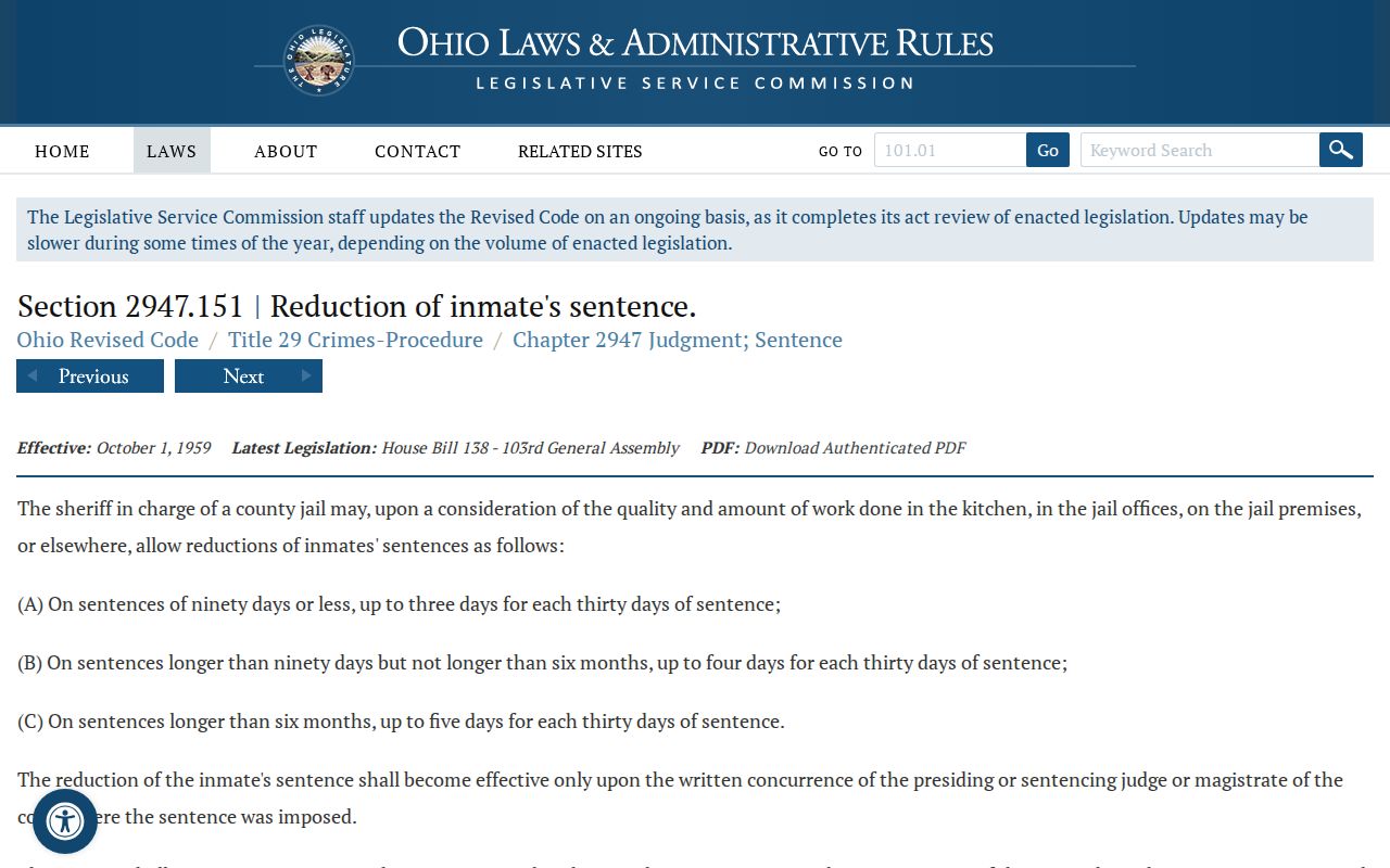 Ohio county jail good-time statute for Seneca County release dates